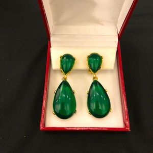 Kenneth Jay Lane Emerald and Gold Cabochon Teardrop Clip Earrings.